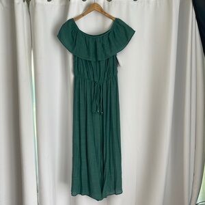 Dark green jumpsuit with off the shoulder top.